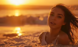 there is a woman sitting in the sand with her hair in the wind