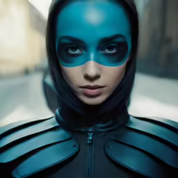 a woman in blue with the eyes of an alien painted on her face