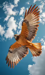 a large bird flying in the air with white clouds