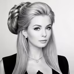 a woman in a black dress and her blonde hair is shown