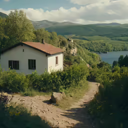 the house has a red roof near some trees