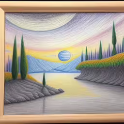 a picture with pastel and inks is hanging on the wall