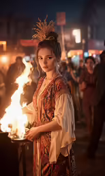 a woman in an ornate costume stands behind flames