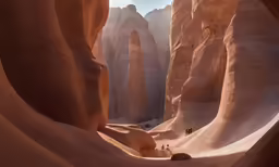 several people on the sand and a large canyon