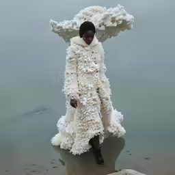 a girl in a white coat walking along water