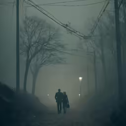 a couple walk down the road as they head towards a light