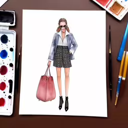 drawing of woman in jacket with handbag on a notepad next to a paintbrush