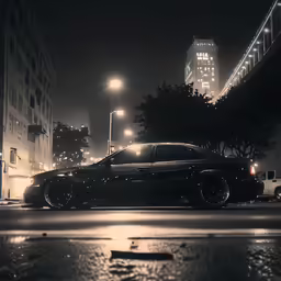 a black sedan parked on the side of the road