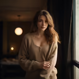 a woman posing in front of a window next to a bed