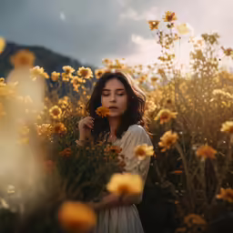 a young woman standing in a field of yellow flowers