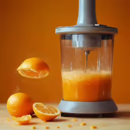 an orange being sliced with juice coming out of the bottom