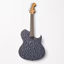 a blue guitar with a pattern on the fret