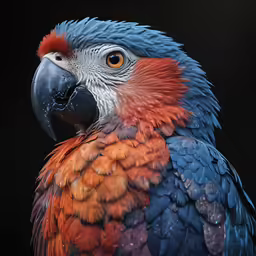 colorful blue, orange and yellow parrot with a black background