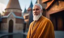 a man in brown clothing standing near some buildings