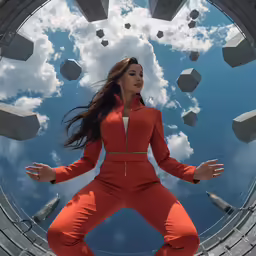 a woman in an orange suit and orange pants flying through the sky