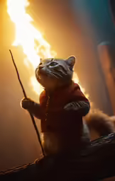 a cat is holding a stick with glowing light coming from the back