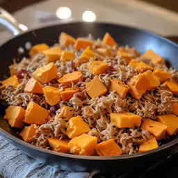 there is a pan full of many different food items
