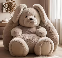 large beige stuffed animal with a seated look