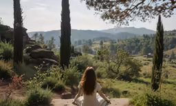 woman sitting on stone in field near large green trees