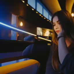 a girl sitting down and looking away from the camera