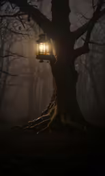 a creepy old tree with a lantern in it
