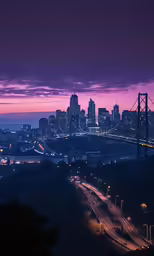 a city skyline with cars in traffic at dusk