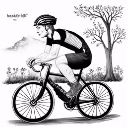 black and white image of man wearing bicycle helmet on bicycle