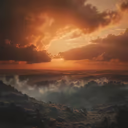 the sun setting over the horizon and some hills