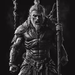 a male figure dressed in armor holding a spear and wearing horns