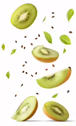 kiwi slices and seeds falling into the air