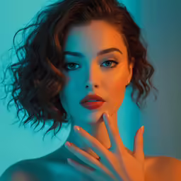 an attractive young woman with blue eyes and red lipstick