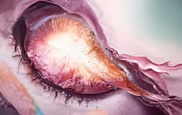 a close up shot of a pink iris, with a light reflecting on its iris