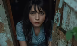 a close up of a person holding an object near a door