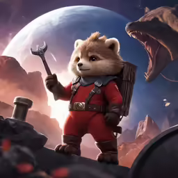 a small child in red with a hammer stands in front of two dinosaurs