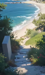 the beach and stairs lead up to a path