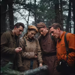 three people looking down at something while the three look at it
