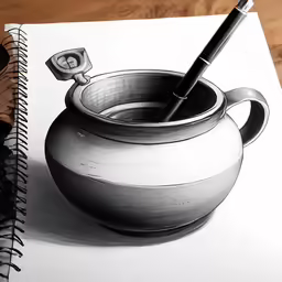 drawing of a coffee mug and pen by drawing with color pencils