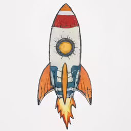 a painted wooden rocket ship with wheels spinning into the wind