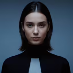 the woman with her nose turned to look straight