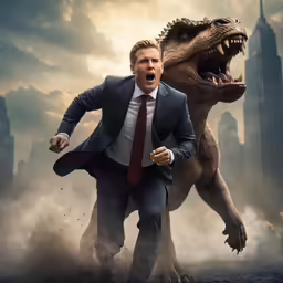 a man with a dinosaur face standing in front of a fire and building scene