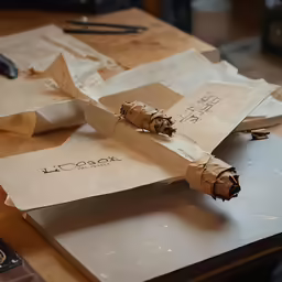 a bunch of folded paper sitting on top of a wooden table