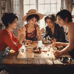 four young women are laughing and sitting at a table