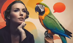 a beautiful young lady next to a parrot