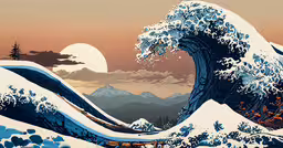a very large ocean wave is shown with an overcast sky,a huge wave crashing on top of a mountain