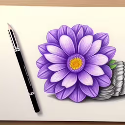 a picture with a pen and some purple flowers,a drawing of a flower on a paper with pencil,there is a drawing of a hand with flowers,an artistic drawing of a flower with hands,an artistic drawing with a purple flower on paper