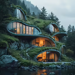 the building is very unusual looking and has green plants growing on it