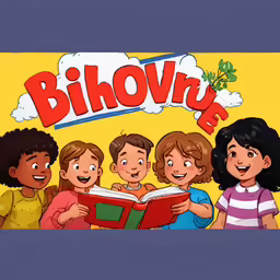 three children reading a book with the words bihow in front