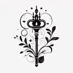 a drawing of a fancy iron key with decorative designs,a black and white poster with an ornate, fancy style of a key
