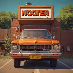 the old car is parked in front of a motel,an old car is parked in front of a no otter sign