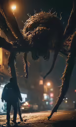 a very large hairy insect in a city at night